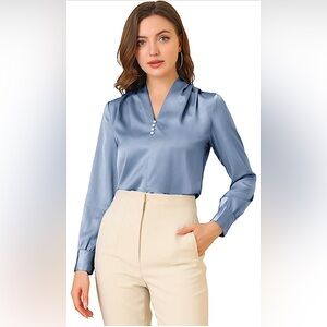 Allegra K Women's V Neck Decor Button Pleated Solid Long Sleeve Blouse